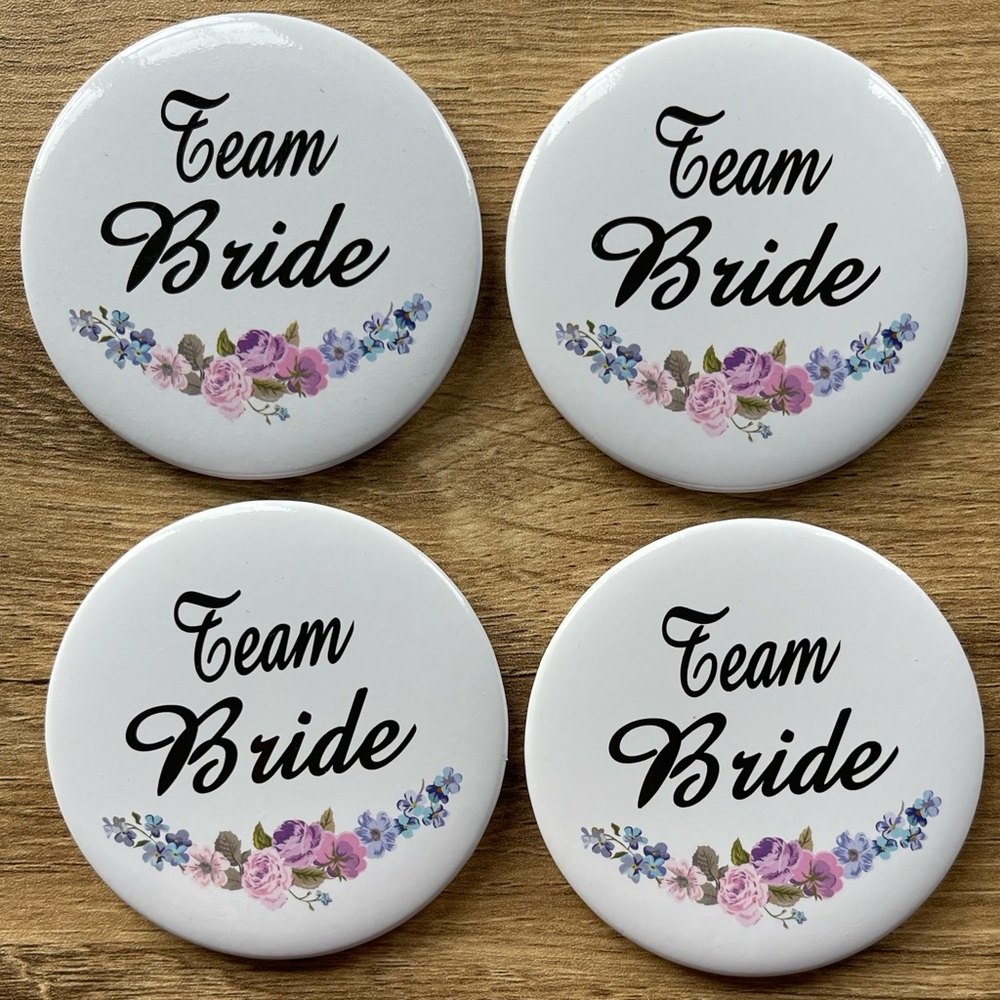 Team Bride Wedding Party Pin Back Floral 2.25” Button Lot of f 4 Bachelorette